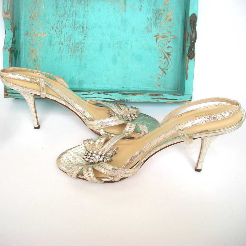 Kate Spade NY Gold Leather High Heel Good Fortune Pineapple Sandals 9.5M
